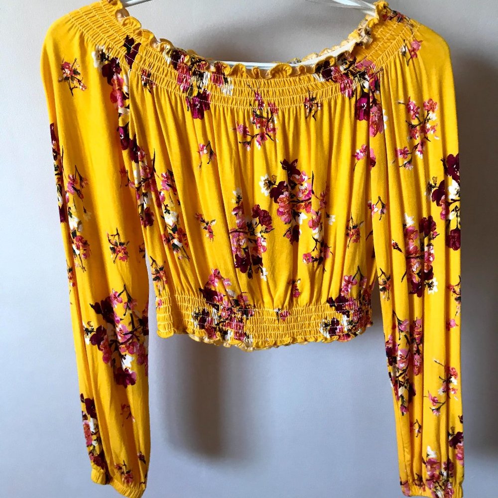 H&M Divided Yellow Long Sleeve Off-the-shoulder Top With Pink Floral Detailing
